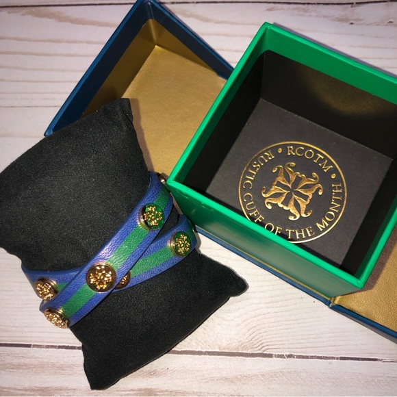 Rustic Cuff Blue Green Stripe Gold Circle Logo Double Wrap-Never worn - Picture 2 of 4